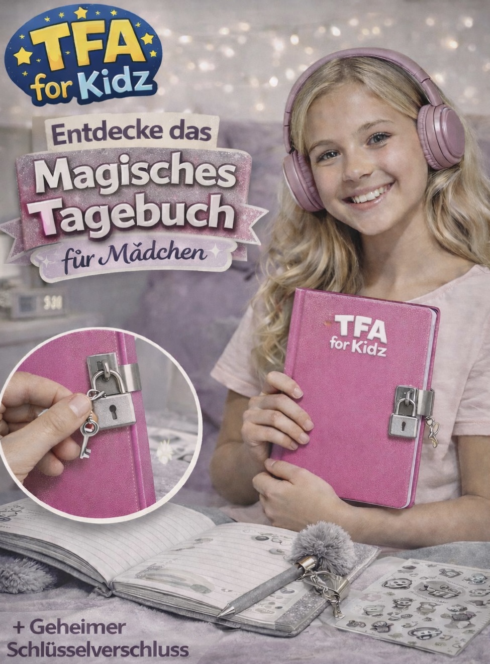 TFA Diary for Girls shown with a pink lockable diary